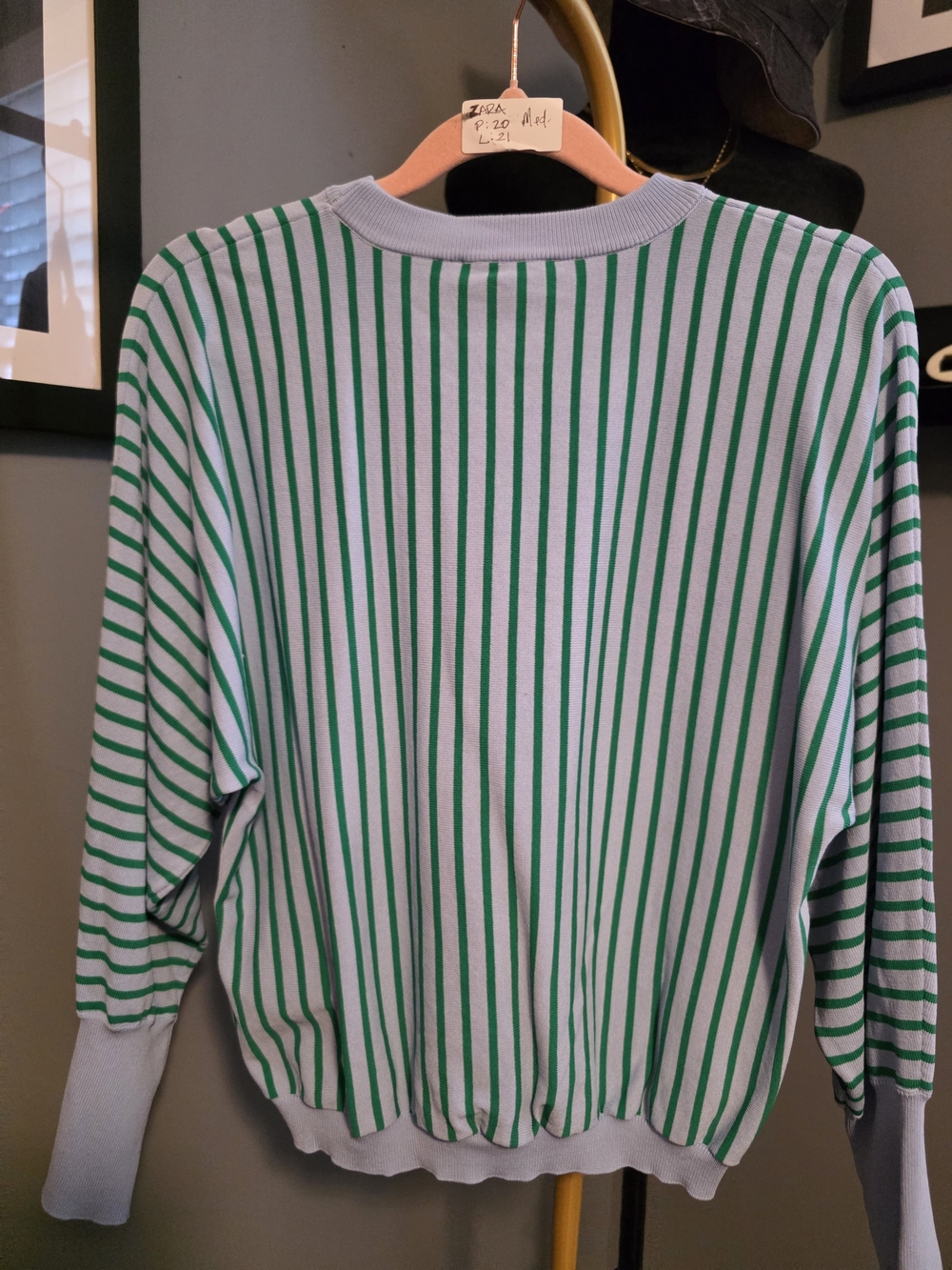 Zara Knit Blue & Green Striped Sweater Size Medium | Lightweight Crewneck - Picture 7 of 7